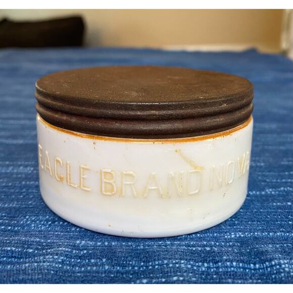 Antique Embossed Milk Glass Shoe Polish Jar Eagle Brand Nova Chicago IL 1910 13B - Picture 1 of 4